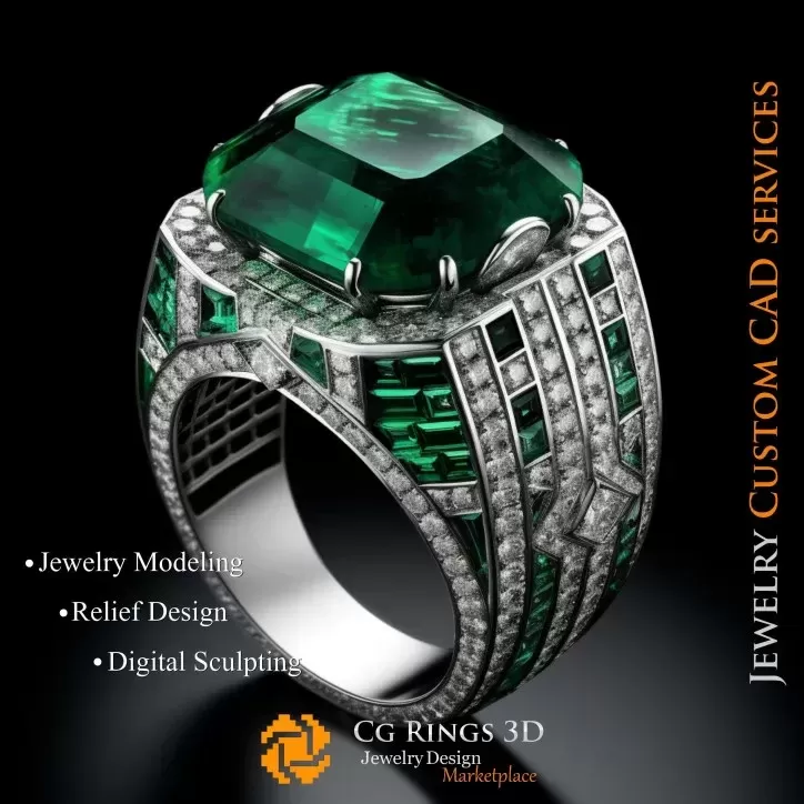 Ring With Emerald and Diamonds - 3D CAD Jewelry