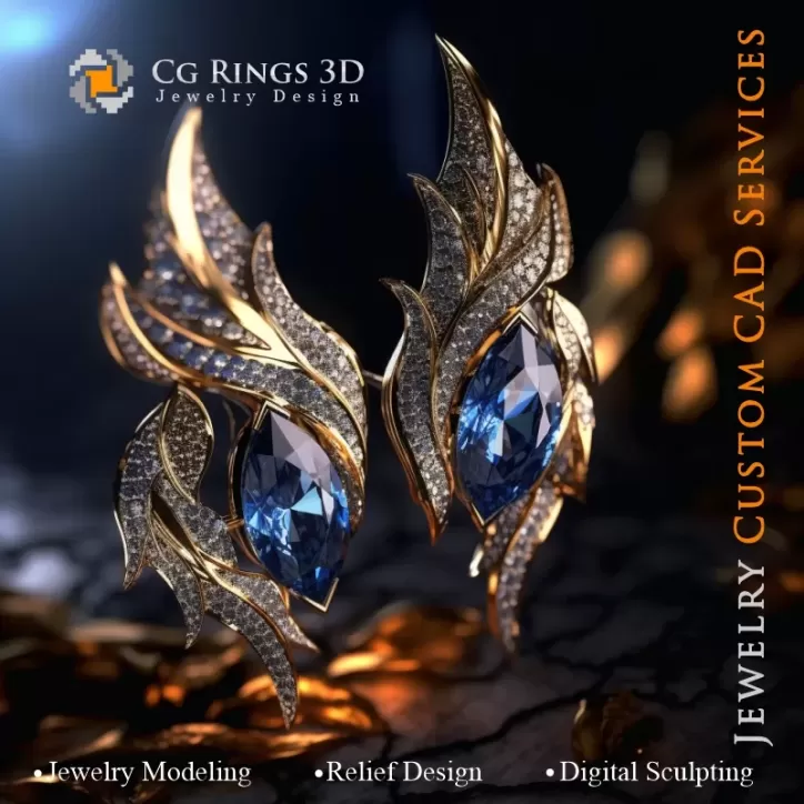 Pendientes con zafiro y diamantes - CAD 3D de joyería