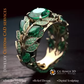 Ring with Emerald and Diamonds - 3D CAD Jewelry