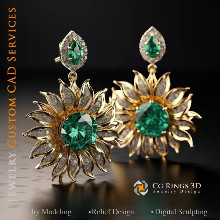 Pendientes de Girasol - Joyería CAD 3D Pendientes de Girasol - Joyería CAD 3D