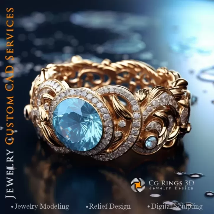 Ring mit Aquamarin und Diamanten - 3D CAD Schmuck
