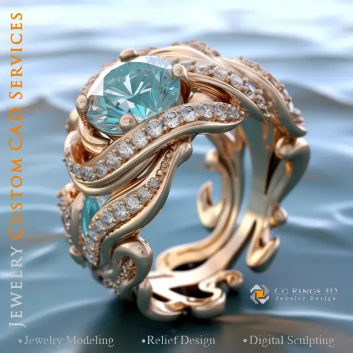 Anello con acquamarina e diamanti - Gioielli 3D CAD Anello con acquamarina e diamanti - Gioielli 3D CAD