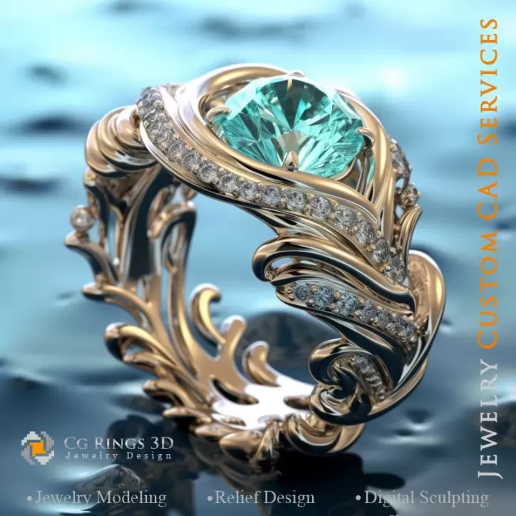 Ring mit Aquamarin und Diamanten - 3D CAD Schmuck