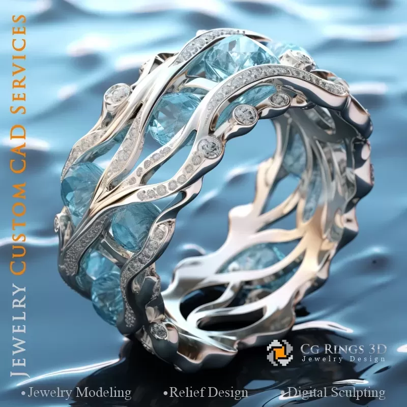 海蓝宝石与钻石戒指 - 3D CAD 珠宝