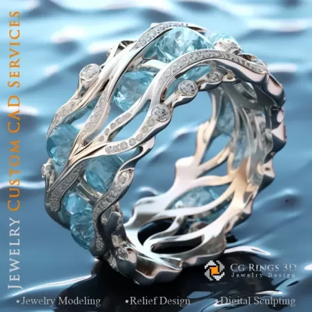 海蓝宝石与钻石戒指 - 3D CAD 珠宝